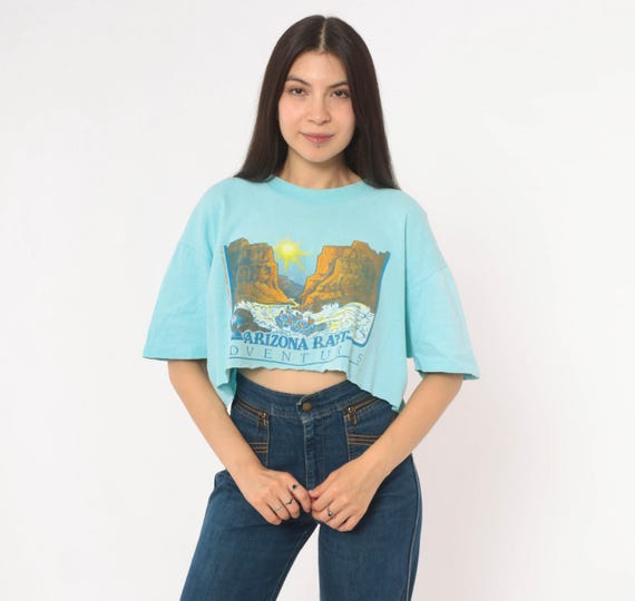 Arizona Raft Adventures 80s Crop Top Light Blue Cotton Tee Canyon Whitewater Cropped Boxy Fit Scenic Travel Vacation Shirt Medium Large M L