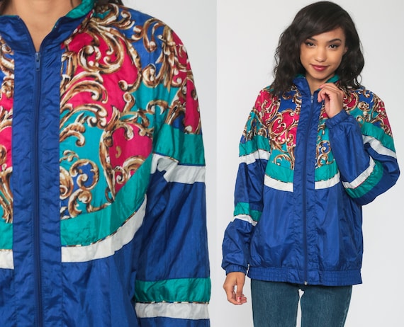 Baroque Windbreaker 90s Windbreaker Jacket Shiny Blue Jacket Color Block Print 1990s Activewear Jacket Large