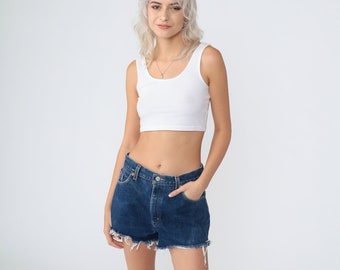 Levis 550 Jean Shorts 80s Dark Wash Denim Cutoff Shorts Blue High Waisted Raw Edge Levi Strauss Mom Frayed Cut Off Vintage 1980s Small 28
