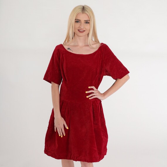 Red Velvet Dress 60s Party Dress High Waisted Scoop Neck Low Back Mini Dress Retro Sixties Evening Formal Prom Cocktail Vintage 1960s XL