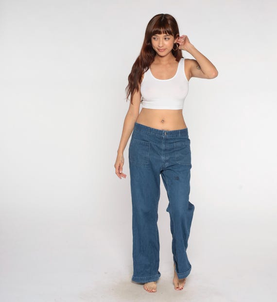 70s High Rise Jeans Blue Denim Straight Leg Patch Pocket Workwear Utility Sailor Cotton Medium Wash Seafarer Vintage Faded Trousers Large L