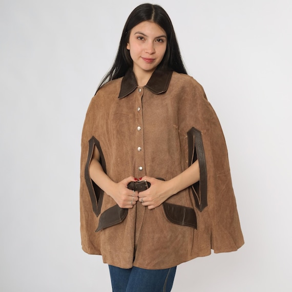 70s Suede Cape Brown Leather Trim Mod Button Front Belt Vintage Poncho Jacket Bohemian Hippie Seventies Woodstock Psychedelic Medium Large