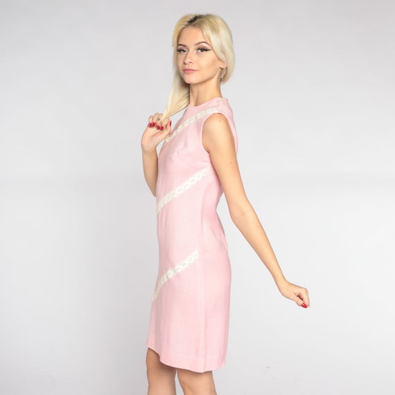 Pink Shift Dress 60s Mod Mini Dress Lace Trim Par… - image 5
