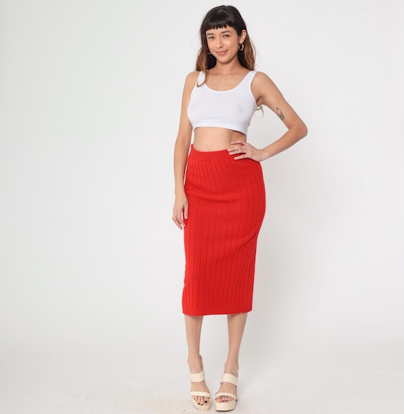 Knit Mini Skirt 70s Red Ribbed Skirt High Waisted Plain Semi-Sheer A-line Retro Skirt 1970s Vintage Miniskirt Small s
