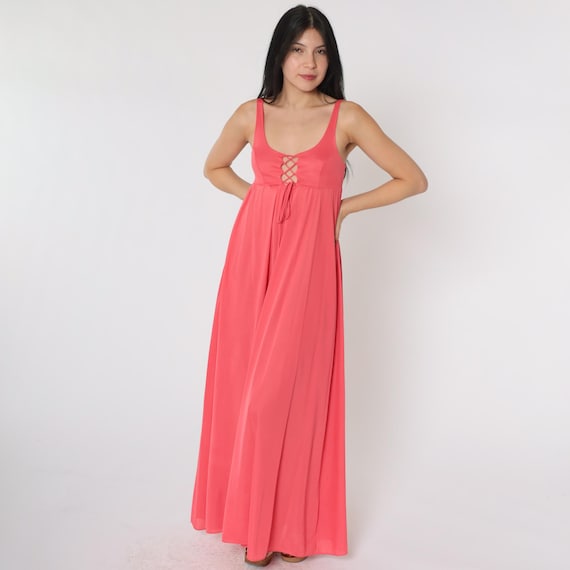 70s Pink Slip Dress Corset Dress Maxi Dress Boho Hippie Lace Up Empire Waist Vintage Bohemian Sleeveless Scoop Neck Extra Small xs