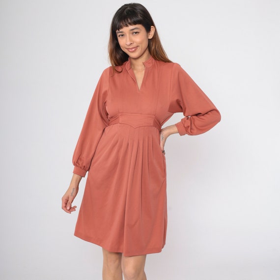 Terra Cotta Babydoll Dress 70s Grecian Empire Waist Mini Dress Vintage 1970s V Neck Mandarin Collar Long Sleeve Burnt Orange 1970s Small