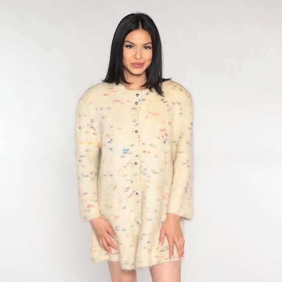 80s Long Cardigan Sweater Cream Rainbow Mohair Sweater Jacket Vintage Button Up Boho Vintage 1980s Retro Bohemian Hippie Medium
