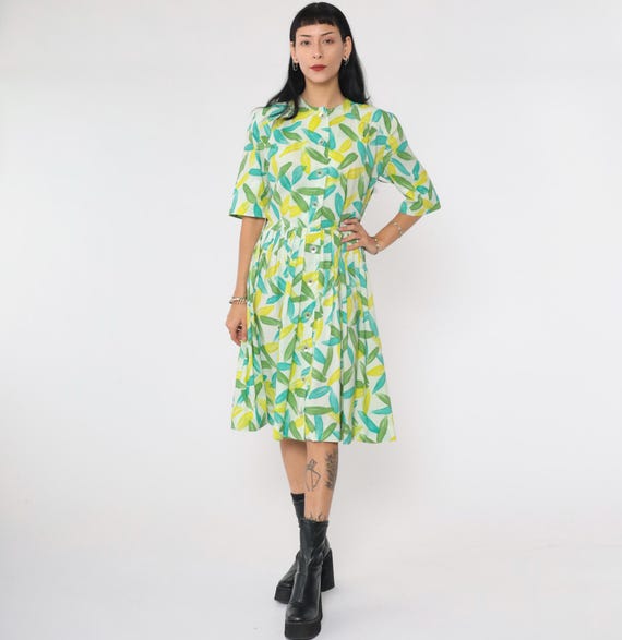 Vintage 60s Shirt Dress Abstract Botanical Leaf Print Pleated Midi Mad Men 1960s Green Blue Button Up Party Short Sleeve High Waist Small