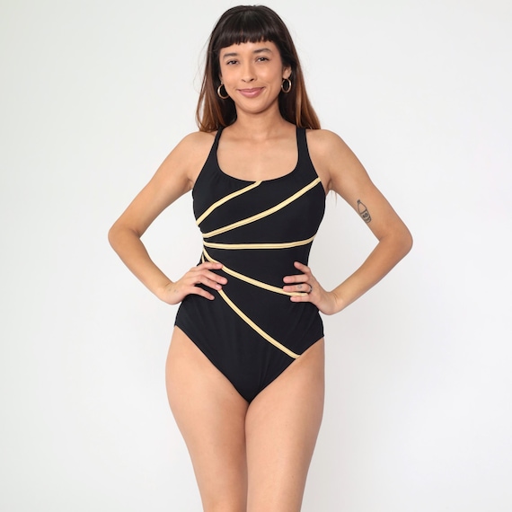 Black Starburst Bathing Suit 90s Gold Trim One Piece Swim Suit Swimsuit Low Scoop Back Vintage Retro Swimwear Large 12