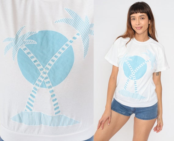 Palm Tree Shirt 80s White Tropical Shirt Retro Beach Top Summer Tshirt Blue Sun Slouchy Short Sleeve 1980s Vintage Tee Medium
