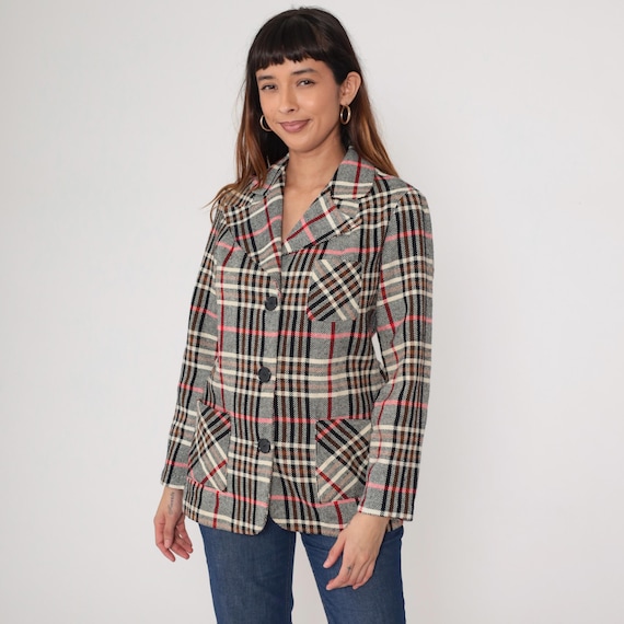 Plaid Blazer 1970s Tartan Pattern Vintage Brown Red Classic Preppy Academic Dark Academia Professional Office Business Medium M