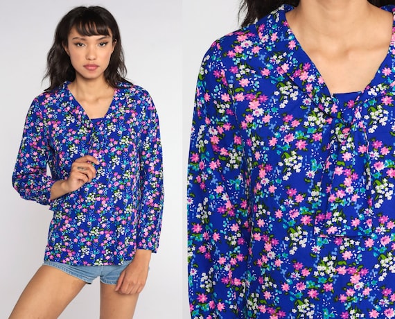 Floral Ascot Blouse 70s Neck Tie Top 60s Shirt Vintage Pussy Bow Secretary Blue 1970s Boho Long Sleeve Bohemian Vintage Medium