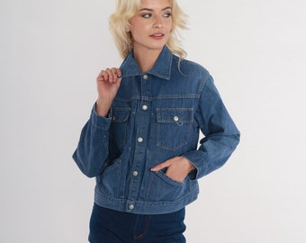Chaqueta vaquera de los años 70, chaqueta vaquera azul, abrigo de motociclista retro, bolsillo cargo en el pecho, cuello abotonado, estilo retro de los años setenta, básica, informal, vintage, años 70, talla pequeña S