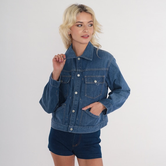 70s Denim Jacket Blue Jean Jacket Retro Biker Coat Cargo Chest Pocket Collared Button Up Retro Seventies Basic Casual Vintage 1970s Small S