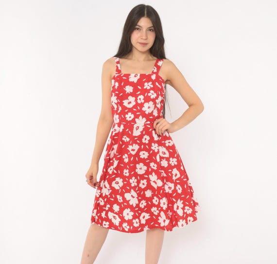 80s Red Floral Sundress White Cotton Square Neck Sleeveless Fit Flare A Line Knee Length  Tomato Girl Prairie Vintage Frock Extra Small XS