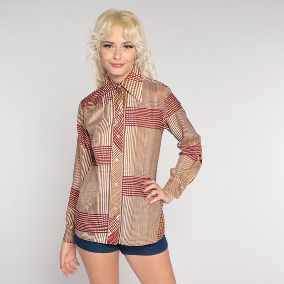 70s Checkered Shirt Red Brown Button Up Shirt Dagger Collar Blouse Preppy Disco Plaid Striped Collared 1970s Top Long Sleeve Vintage Small S