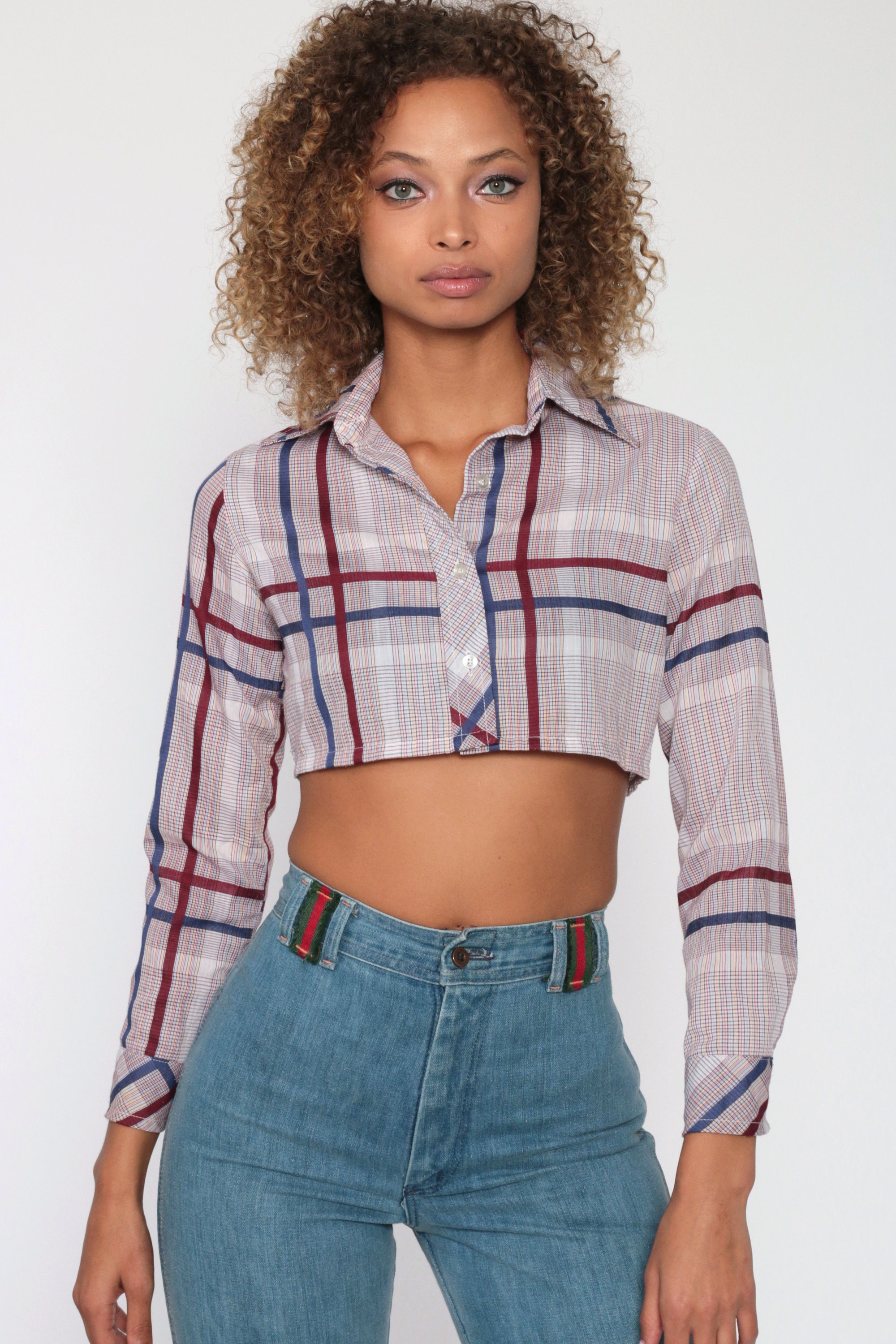 Plaid Shirt 70s Crop Top Burgundy 