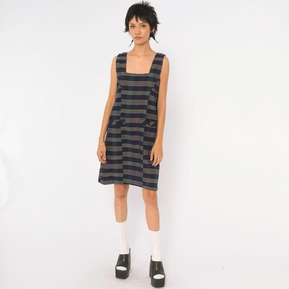 90s Plaid Pinafore Dress Navy Green Jumper Square Neck Sleeveless Knee Length Shift Check Preppy Dark Academia Grunge Medium M