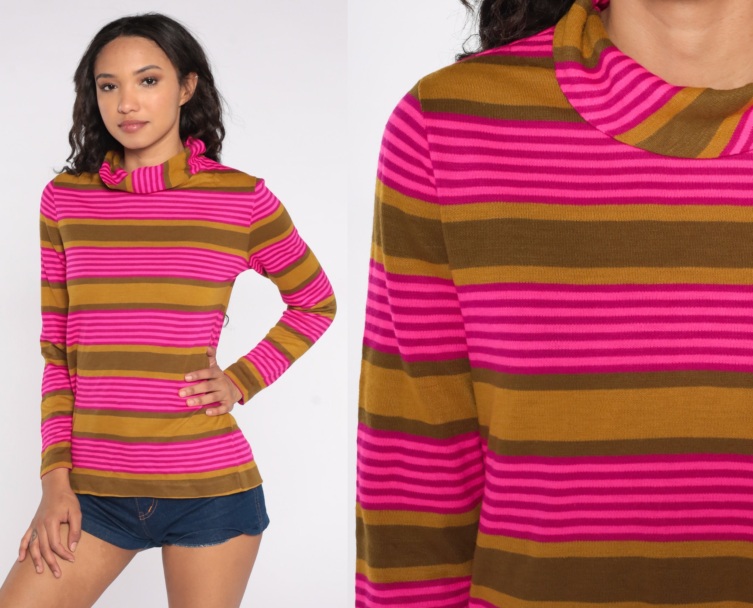Neon Pink Striped Shirt 70s Mock Neck Top Brown Neon Stripes Long ...