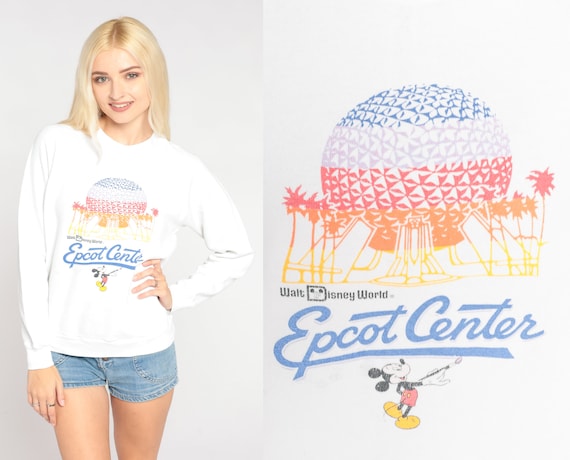 Epcot Center Sweatshirt 90s Walt Disney World Sweater Mickey Mouse Disneyland Graphic Shirt White Raglan Sleeve Vintage 1990s Small Medium