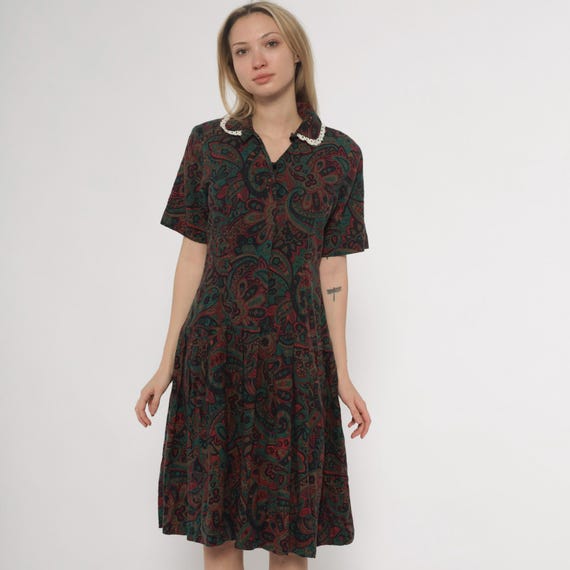 70s Paisley Dress Burgundy Forest Green Brown Jewel Tones White Crochet Collar Knee Length Dark Academia Gothic Prairie Vintage Medium M