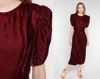 Velvet Party Dress 80s Burgundy Red Midi Dress Puff Sleeve Low Back Gothic Formal Evening Cocktail Holiday Retro Vintage 1980s Medium