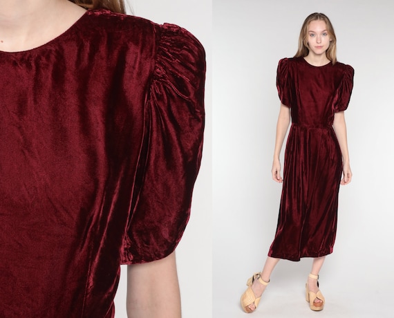 Velvet Party Dress 80s Burgundy Red Midi Dress Puff Sleeve Low Back Gothic Formal Evening Cocktail Holiday Retro Vintage 1980s Medium