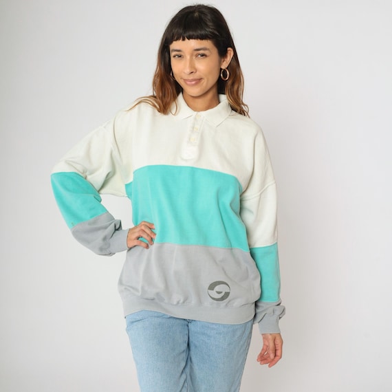 90s Polo Sweatshirt White Aqua Blue Striped Sweatshirt Color Block Pullover Collared Button Up Jumper 1990s Vintage Sportswear Men's Large L