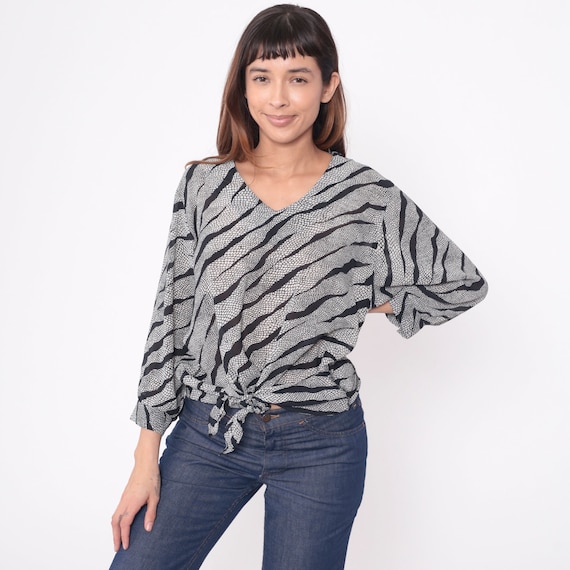 90s Animal Print Blouse Zebra Stripe Tie Waist Top Short Snakeskin V Neck Long Sleeve Blouse Black White Retro Vintage 1990s Large L