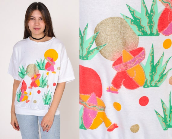 Jane Colby Art Shirt 90s Glitter T-Shirt Sombrero Siesta Graphic Tee Mexican Painting Banded Hem Short Sleeve White Vintage 1990s Large L