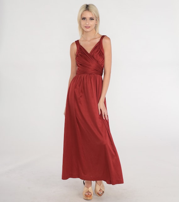 70s Maxi Dress Rust Red Grecian Gown Bohemian 1970s Boho Deep V Neck Sexy Formal Wrap Long Tank Strap Disco Vintage Flowing Sexy Small S
