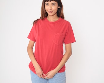 Red Pocket Tee 90s Coral Cotton T Shirt Crew Neck Salmon Pink Red Orange Vintage Tee Top Basic Relaxed Fit Casual Summer Everyday Small S