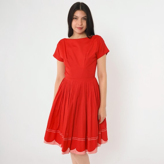 60s Red Pleated Dress Vintage Gingham Trim Day Dress Scalloped Knee Length Boatneck Short Sleeve High Waist 1960s Pin Up Extra Small xs