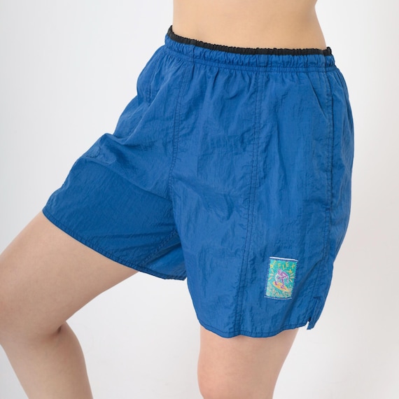 Vintage Blue Swim Trunks 90s Nylon Surfer Swim Shorts Retro Elastic Waist Surf Shorts Beach 1990s Swimwear Medium