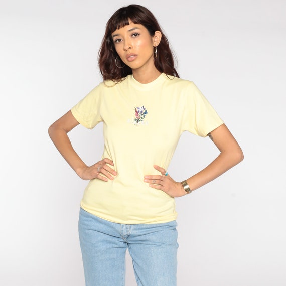 ALASKA T Shirt 80s Yellow Floral Embroidered TShirt Tourist Tee 1980s Vintage Graphic Print Small xs s