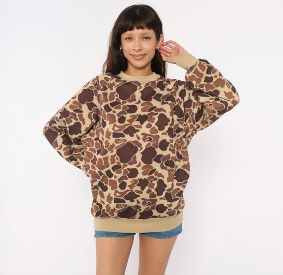 Duck Camo Sweatshirt 80s Hunting Pullover Brown Tan Camouflage Long Sleeve Sporty Outdoor Woodland Hunter Vintage Duck Bay Extra Large XL