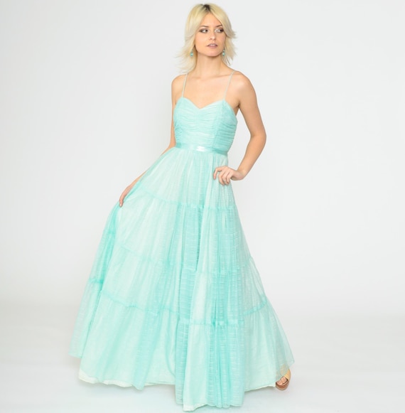 70s Aqua Party Dress Maxi Dress 1970s Boho High Waist Long Tiered Gown Formal Sweetheart Neckline Spaghetti Strap Extra Small xs