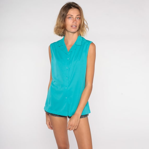 Sleeveless Blouse 80s Button Up Turquoise Shirt Tank Top Blue Collared Shirt 1980s Plain Normcore Vintage Retro Tee Large L