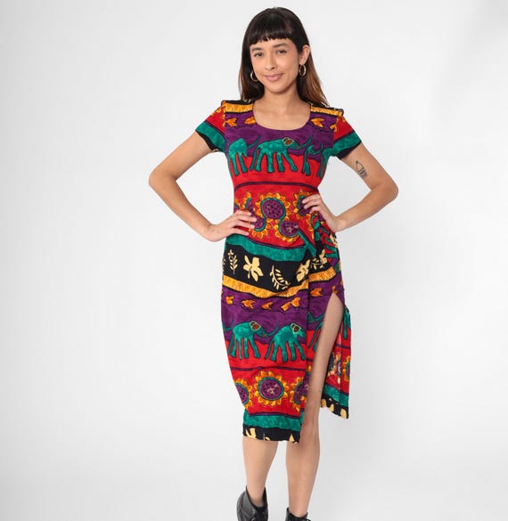 90s Floral Safari Dress Vintage Red Side Slit Wrap Sheath Elephant Animal Print Dress Midi Purple Teal 1990s Short Sleeve Small 4 Petite
