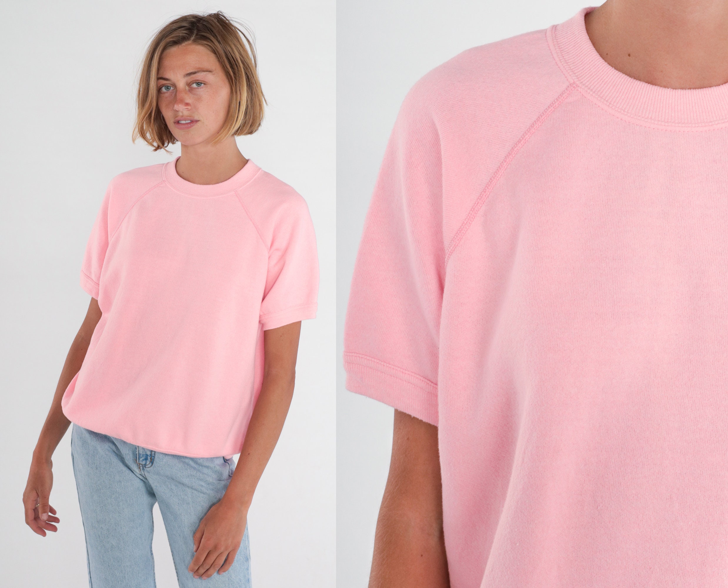 Pink Short Sleeve Sweatshirt 70s Plain Shirt Slouchy Pullover
