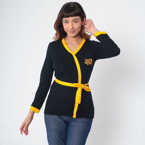 Vintage Embroidered Dragon Top 70s Black Knit Shirt Faux Wrap Yellow Trim Belted Blouse Long Sleeve V Neck Karate Miss Miss Small S