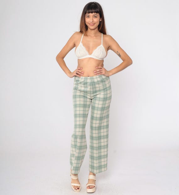 70s Plaid Pants Cream Green High Waisted Trousers Checkered Print Straight Leg Retro Preppy Seventies Academia Slacks Vintage 1970s Small