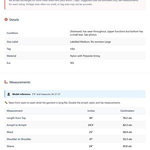 Puede incluir: Una hoja de informaci&oacute;n del producto con detalles sobre un art&iacute;culo vintage. Las medidas se proporcionan en cent&iacute;metros: largo desde la parte superior 76,2 cm, axila a axila 62,2 cm, cintura 58,4 cm, hombro a hombro 53,3 cm y manga 61,0 cm. Detalles y estado.