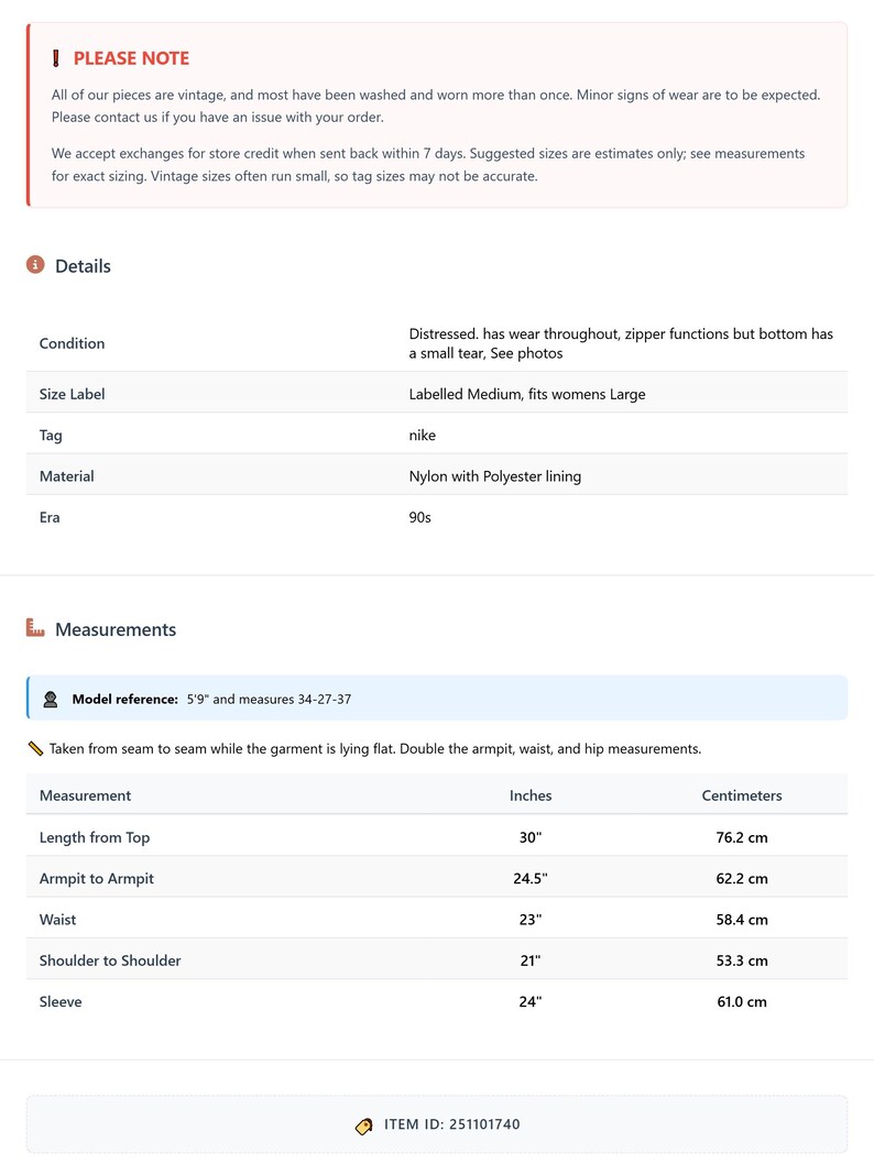 Puede incluir: Una hoja de informaci&oacute;n del producto con detalles sobre un art&iacute;culo vintage. Las medidas se proporcionan en cent&iacute;metros: largo desde la parte superior 76,2 cm, axila a axila 62,2 cm, cintura 58,4 cm, hombro a hombro 53,3 cm y manga 61,0 cm. Detalles y estado.