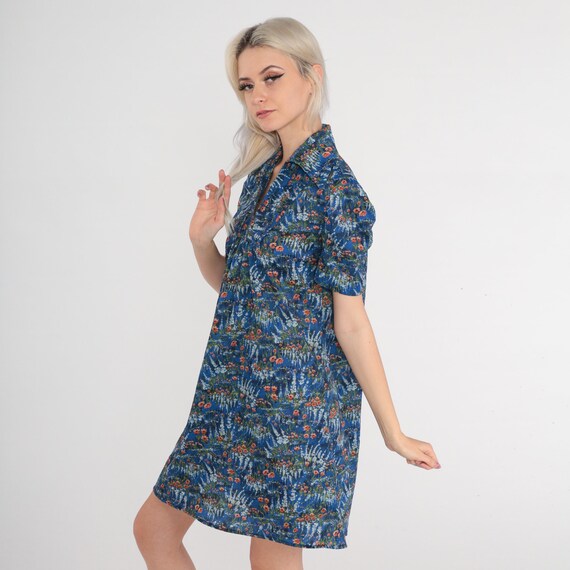 70s Floral Dress Blue Mini Dress Puff Sleeve Coll… - image 5