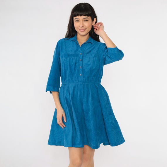 Vintage Blue Velour Dress 80s Mini Shirtdress Button Up Shirtwaist High Waist A-Line Pocket Dress Retro 1980s Full Skirt Day Medium M Petite