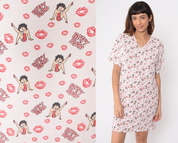 Betty Boop Nightie Dress 00s Pajama Tshirt Dress Cartoon Nightgown Graphic Kiss Print V Neck All Over Print 2000s Vintage Small S Etsy UK