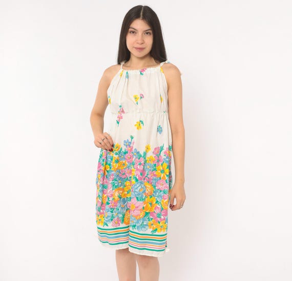 80s Floral Sundress White Cotton Tie Shoulder Garden Print Pink Yellow Blue Flower Hem Gathered Waist Knee Length Dress Extra Small XS