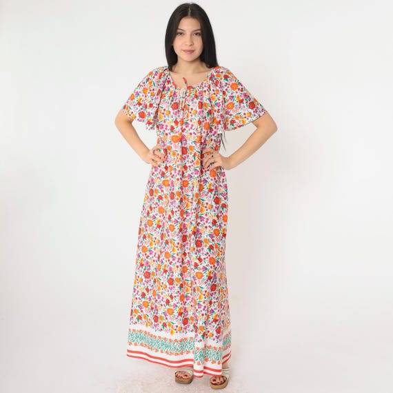 Vintage 70s Floral Maxi Dress L Tent Lounge Dress Bohemian Flutter Sleeve 1970s Boho Orange Pink Red Retro Trapeze Muu Muu Dress Size Large