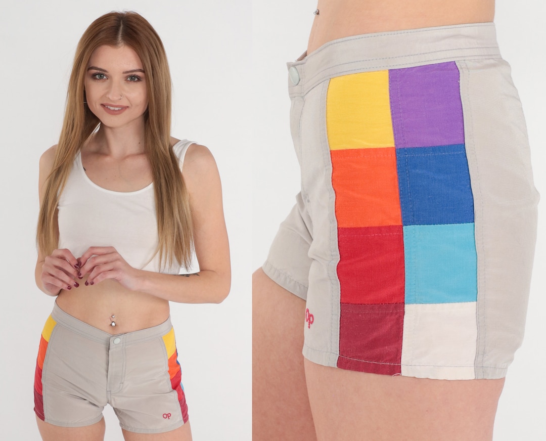 Ocean Pacific Shorts 80s Swim Shorts Khaki Striped Board Shorts Retro Swim Trunks Square Color ...